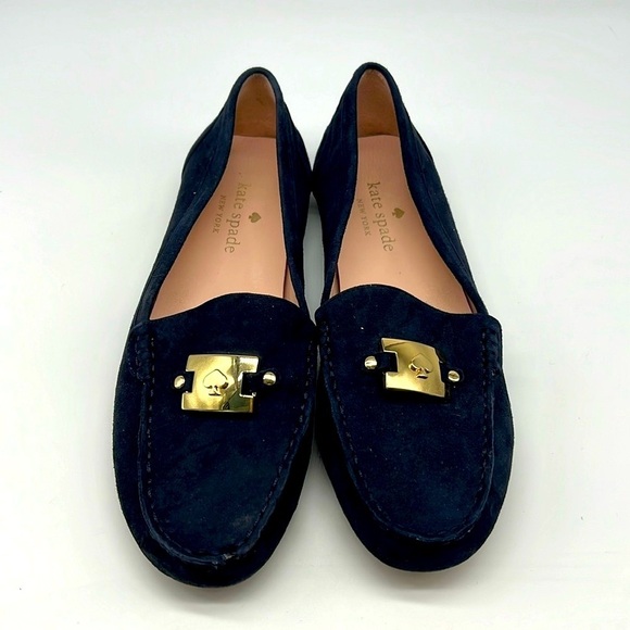 Kate Spade - Carmen Navy Suede Gold Logo Round Toe Driving Loafer Size 8 - Picture 1 of 16